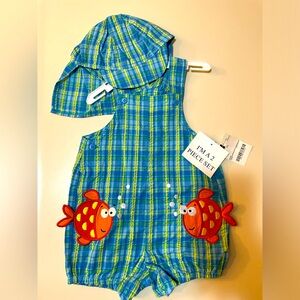 NWT 2 piece summer outfit, onesie and shade hat, 6/9 months